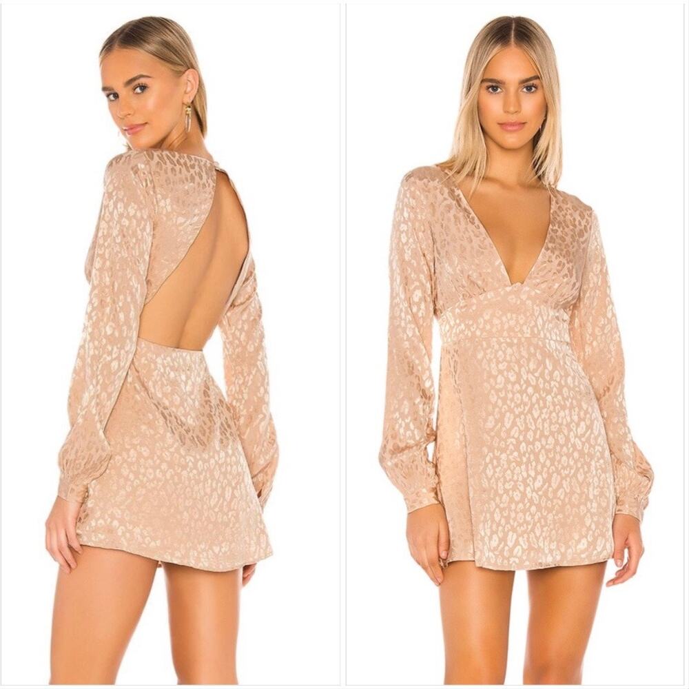 NEW PRIVACY PLEASE REVOLVE Blush Cream Leopard Print Open Back $228 Mini Dress L